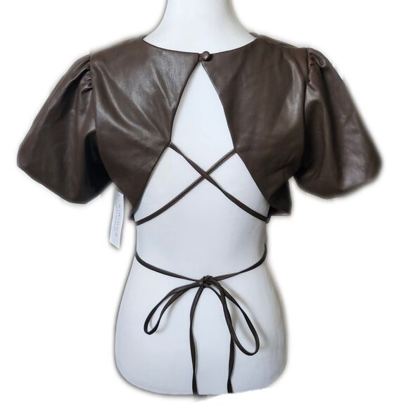 Kirious NWT Come Across It Faux Leather Crop Top, Puff Sleeves, Brown, M - Picture 2 of 11